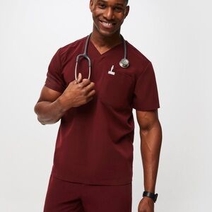 Men's Fig’s Burgundy Leon Three-Pocket Scrub Top